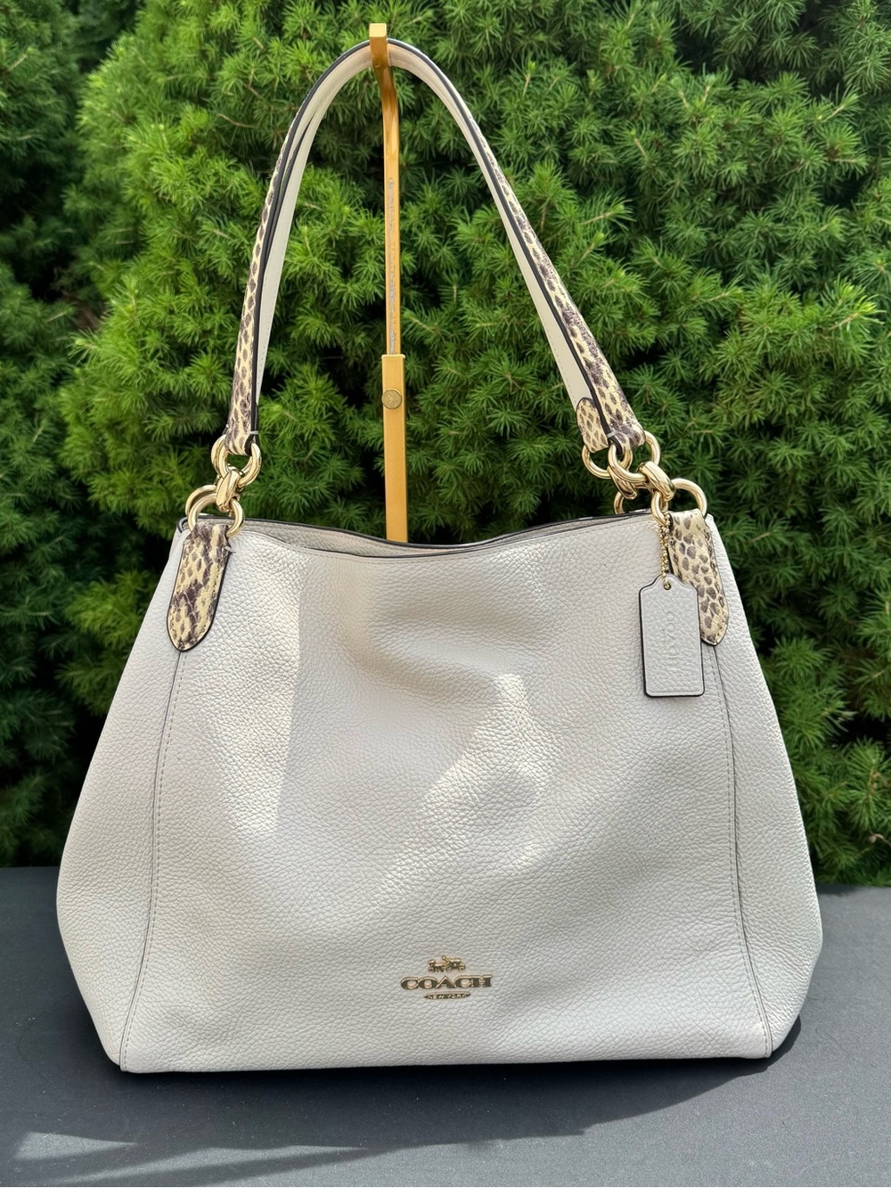 Coach Halie Pebbled Leather Hobo Bag in Chalk with Snakeskin-Accent Straps